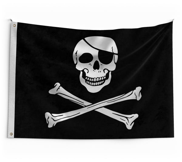 Drapeau pirate noir avec crâne et sabre de couleur or - 58cm x 77cm